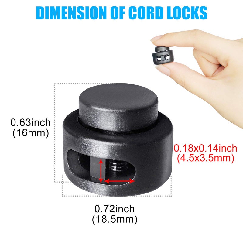 AQRINGO 30 Pcs Plastic Cord Locks Double Hole Spring Toggle Stopper Cord Stops Fastener Toggles for Shoelaces  Drawstrings  Paracord  Bags  Clothing  and More  Black - Image 3